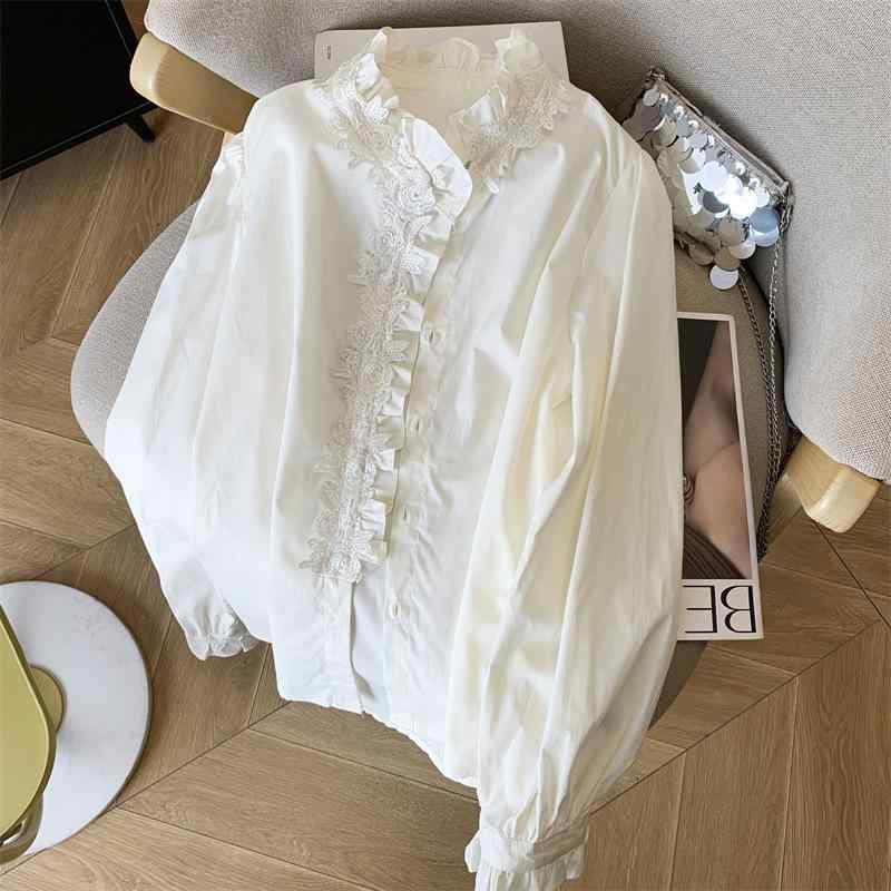 女性用 フレンチロマンティック レース 切り替え ブラウス 女性用 トップス シャツ 白色 米白色 浅ブルー 長袖 開襟 単排扣 立領 ワイドシルエット ゆったり 普通丈 ポリエステル 再生繊維 無地 春夏 私服 気品 ファッション カジュアル ロマンテ