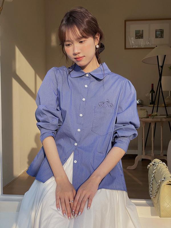 シャツ 女性用 長袖 開襟 コットン 95% 以上 立体 花 モチーフ 条紋 柄 翻領 普通 丈 通常 袖 春 シーズン 亮白 カラー 車菊 ブルー カラー 快適 日常使い 韓国 スタイル ゆったり フィット