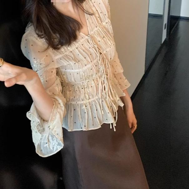 シャツ 女性用 春夏 フレンチスタイル 荷葉エッジ 波点 レース トップス フレア袖 Vネック 長袖 切り替え デザイン プリーツ 修身シルエット 綿ポリエステル 米色 ベージュ系 私服 接触冷感 吸湿速乾 軽量 通勤 普段使い かわいい フェミニン 9,156円