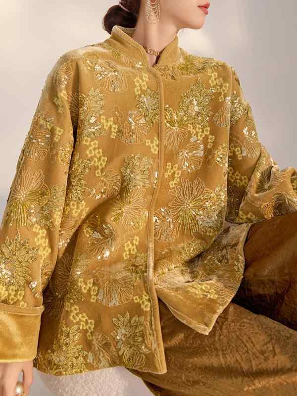 シャツ 女性用 金色 花卉刺繍 花柄 スベラスベルの生地 ポリエステル 接触冷感 長袖 立領 ワイドシルエット ゆったり 明るいピース シングルブレスト 切り替えデザイン 秋冬 気質 復古 中国風 トップス ブラウス ワンピース ライトウェイト 吸湿速乾