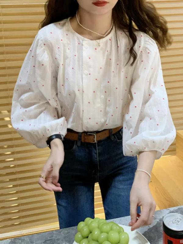 シャツ 女性用 フレンチスタイル 復古小花柄 開襟 長袖 泡泡袖 ダブルブレスト ボタン 綿混 ポリエステル 白 ゆったりシルエット かわいい 春 早春 春夏 吸湿速乾 軽量 トップス ブラウス 花柄 シャツ インナー