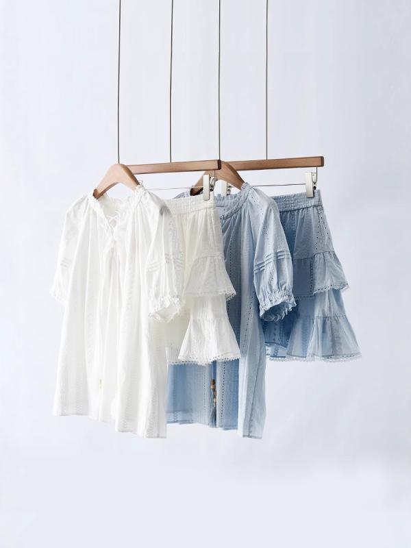 シャツ レディース 短袖 綿 刺繍 レース Vネック ゆったり 普通丈 ブルー ホワイト フレッシュ かわいい 軽量 吸湿速乾 清新 夏 トップス カジュアル 普段使い