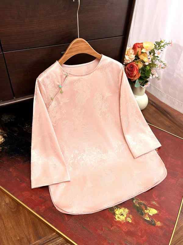 シャツ 女性用 国風 刺繍 ラウンドネック トップス 半袖 花柄 植物柄 ポリエステル 再生繊維 涼しい 接触冷感 吸湿速乾 立体装飾 芸術的 レトロ 夏 春夏 ライト スタンドカラー 白 ピンク 通常フィット ミディアム丈 日常使い 百搭