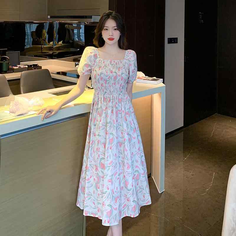 ワンピース 女性用 春夏 ピンク フレンチスタイル 短袖 スクエアネック フラワープリント フレア プリンセスライン ロングスカート 雪?素材 軽量 通気性 好 ラッフル 蝶結び ギャザー 切り替え かわいい 少女風 清新 スイート ラウンド フレアスリ