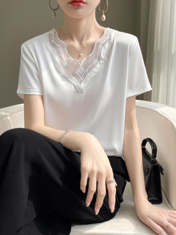 Tシャツ レディース 春夏 香?色 白色 ブラック Vネック 短袖 ルーズフィット 醋酸繊維 ポリエステル 切り替え レース フリル 花柄 プリント インナー レイヤード トップス 軽量 通勤 普段使い 私服 かわいい 伸縮性 吸湿速乾