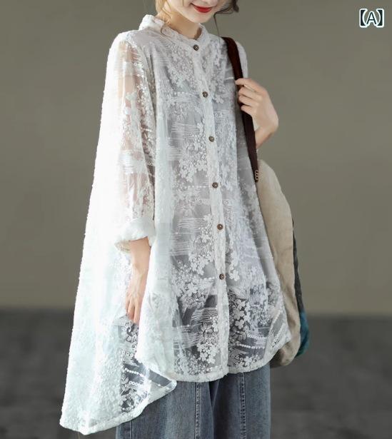 復古 刺繍 レース ブラウス 女性用 トップス シャツ 立領 不規則 裾 七分袖 綿 素材 純色 ワイド シルエット 快適 ゆったり フィット ホワイト ブラック パープル ブラウン 春夏 シーズン 日常 コーデ
