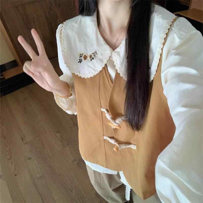 シャツ 女性用 森系刺繍 レース 縁取り ピーターパネル デザイン 小衆 秋 レイヤード ゆったり スリム 長袖 トップス ポリエステル 切り替え ボタン 清楚 甘め 杏色 ホワイト フレッシュ ナチュラル