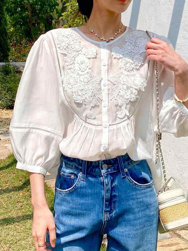 春夏 メンズ プルオーバー 成人女性用 トップス ライ独居室 綿 当たること冷感 花柄 刺しゅう 刺しゅうひな型 開襟 名取り草 ひな型 ラウンド素っ首 ルーズフィット ミッドスリーブ ミディアムスリーブ フレンチ表現スタイル ビンテージ 花柄刺しゅう ライ独居室 ミッドスリーブ プルオーバー