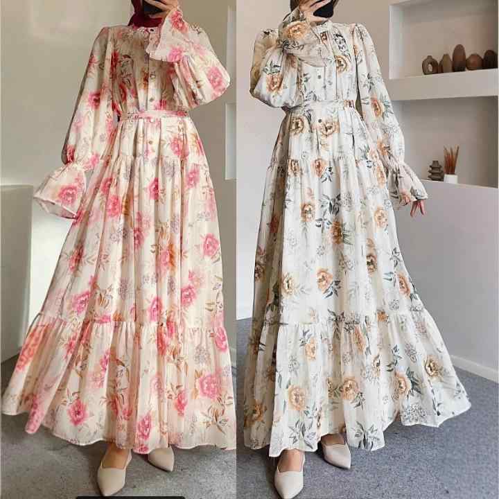 レディース ワンピース トップス ドレス 秋冬 長袖 ラウンドネック フラワー柄 花柄 プリント 切り替えスカート ハイウエスト ウエストマーク ベルスリーブ フラワーモチーフ 気質 通勤スタイル 秋服 長丈 ワンサイズ セットアップ 単品 ロングドレス