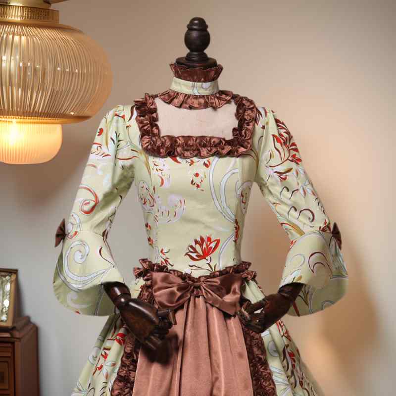 {"result": "ワンピース 復古 ロングドレス 長袖 印花 プリント 宮廷風 ビッグシルエット プリンセススリーブ ハイウエスト 切り替え 低Vネック ブラウン ライトブルー ポリエステル ポリエステル繊維 春 春夏 ミッドセンチュリー 個性 ス