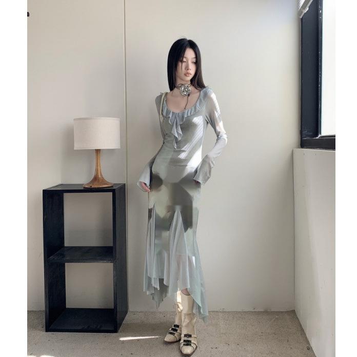 ワンピース レディース 春夏 長袖 長丈 フレア スカート ハイウエスト ラベンダー柄 プリント チュール レース 装飾 丸首 セットアップ ポリエステル 混紡 素材 通勤 スタイル 気品 デザイン 女性用 都市 コーディネート かわいい シルエット 軽