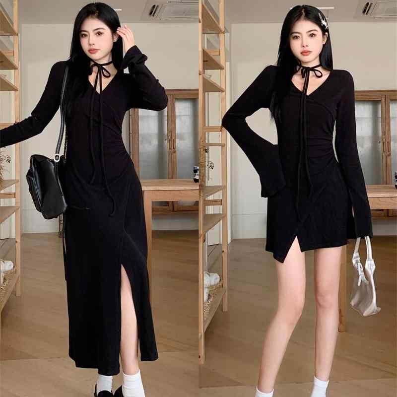 秋冬 ロングワンピース 女性用 かわいい プリンセス風 Aライン ハイウエスト Vネック フレアスリーブ 不規則裾 収腰 スリムシルエット 単色 ポリエステル 長袖 セットオン ノーアイロン 甘め 清新 スタイリッシュ 軽量 伸縮性 秋用 通勤 普段使い