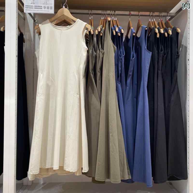 ワンピース 女性用 無袖 Aライン ロング フレアスカート ハイウエスト ポケット付き プルオーバー コットンポリエステル 無撫蒸處理 ソリッドカラー ミルクホワイト ブラック ピンク系 オリーブグリーン ブルー 気質 通勤 都市スタイル エレガント 長