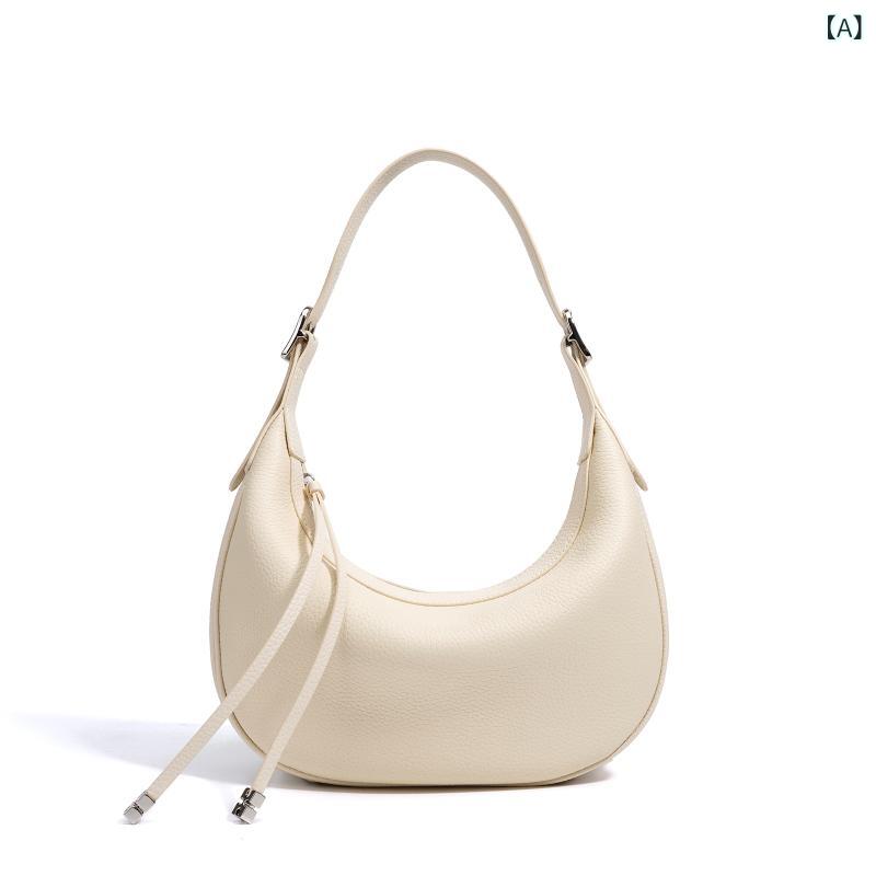 ハーフムーンバッグ 女性用 真皮 シングルショルダーバッグ 手提げ 斜めがけ 中型 純色 ソフト 接触冷感 伸縮取っ手 ジッパー 日常使い かわいい クリーン スイート 白色 緑色 黄色 ライトグレー ブラック ベージュ 夏