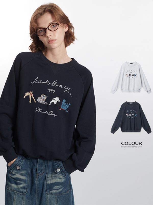レディース 秋冬 フーディー 丸首 ゆったり リラックス ビッグシルエット 刺繍 デザイン 長袖 トップス コットン ポリエステル 混合 素材 吸湿性 快適 ストリート スタイル 欧米風 短丈 セットインスリーブ プリント 柄 白灰 ネイビー 普段使い
