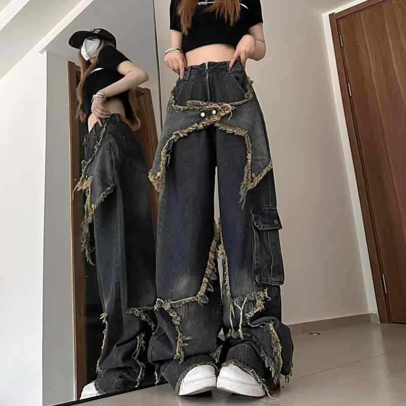 レディース 牛仔パンツ 春夏 直筒 ハイウエスト ワイドレッグ ロング ルーズフィット スリムライン ヴィンテージ 洗い加工 毛羽立ちエッジ ブルー 綿素材 ストレッチなし ストリートスタイル 潮流 日常使い 通勤対応 軽量 ドラッグ スタイル デニム