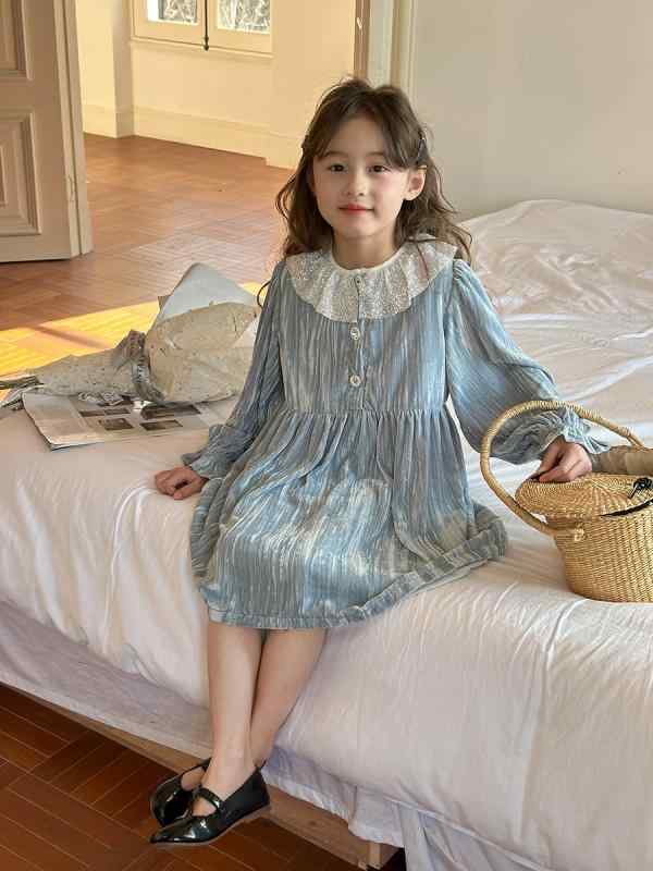 女の子 プリンセスドレス 法式 春夏 かわいい 連衣裙 子供服 女童 中小童 3～8歳 100～140cm 光沢 ベルベット ポリエステル 柔軟 基本款 純色 ブルー プリンセススカート コットン裏地 B級安全 春秋 通年使用 かわいい要素 実用 普段使