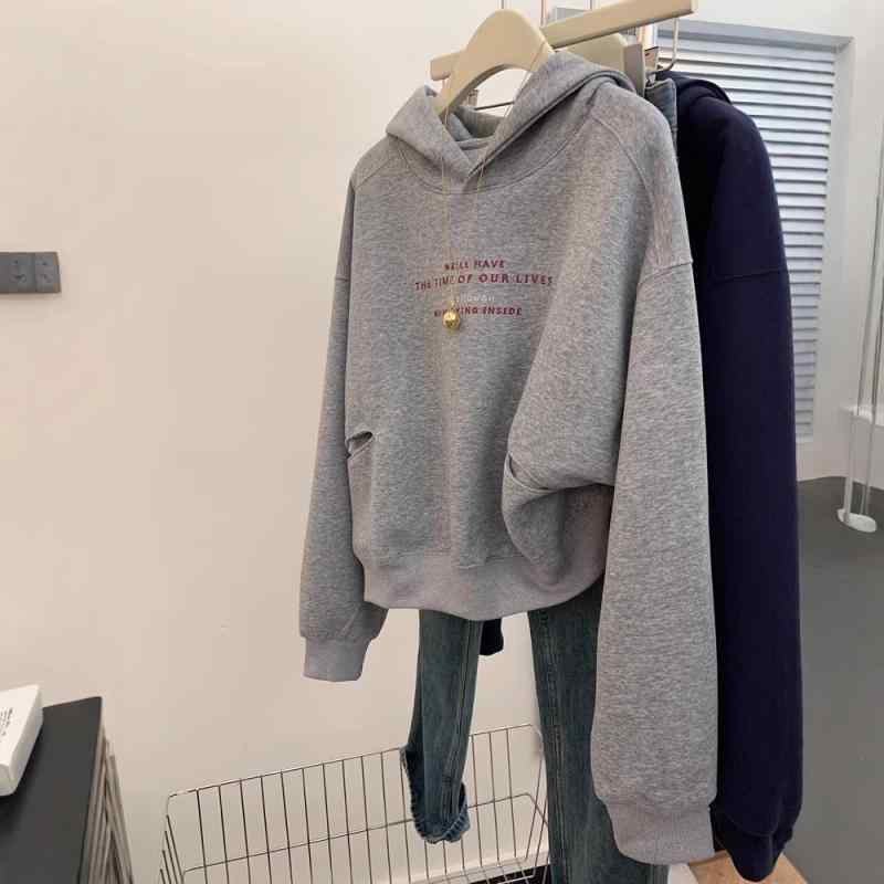 レディース フーディ グレー 長袖 セットインスリーブ プルオーバー セーター コート ショート丈 ルーズフィット ミディアムウェイト 切り替え ポリエステル 気質 通勤スタイル 女性用 上着 秋冬