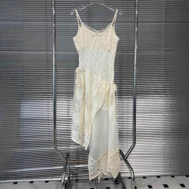 ワンピース 女性用 2025春夏 吊り帯 長め 切り替え レース刺繍 斜め裾 ウエストイン 無袖 中腰 紐 甘辛 米白 接触冷感 伸縮性 軽量 私服 普段使い 通勤 気品 高級感
