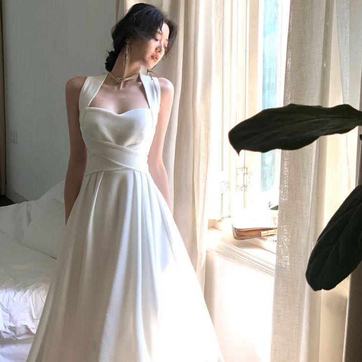 ワンピース 女性用 白色 吊り紐 クロスストラップ ウエストシェイプ スリムシルエット ハングネック ミッドレングス スカート 七分袖 公主袖 接触冷感 PVC素材 軽量 通気性 春夏 気質 優しい スタイル 復古 中国風 かわいい 普段使い 軽快 動き