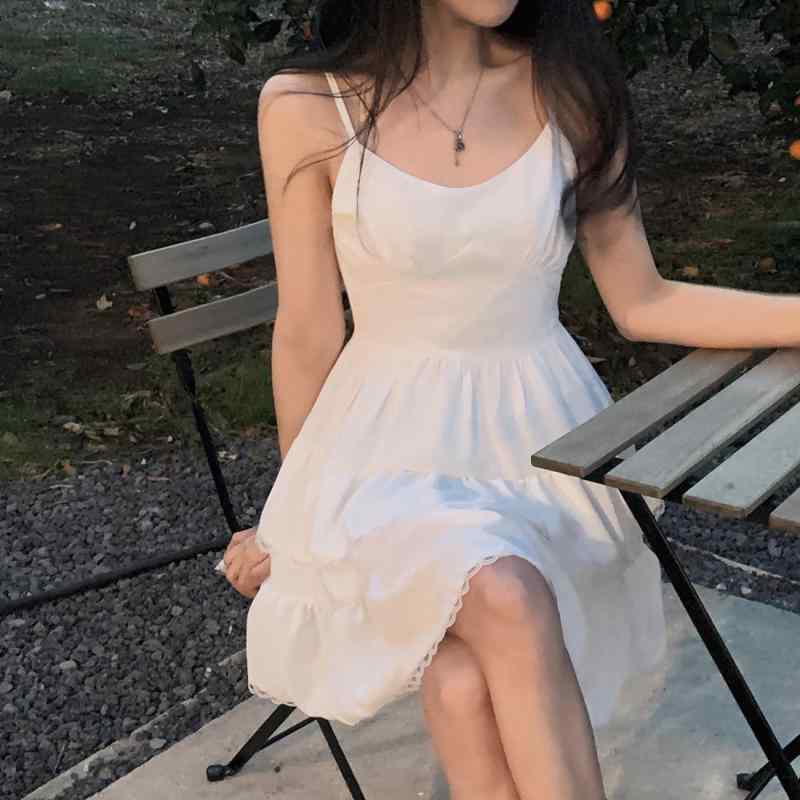 ワンピース レディース 春夏 吊り下げ ショート丈 無袖 Vネック 中腰 ケーキスカート 花辺 デザイン 純色 白色 ブラック ポリエステル素材 清新 甘い スタイル かわいい 軽量 伸縮性 普段使い 通勤 カジュアル