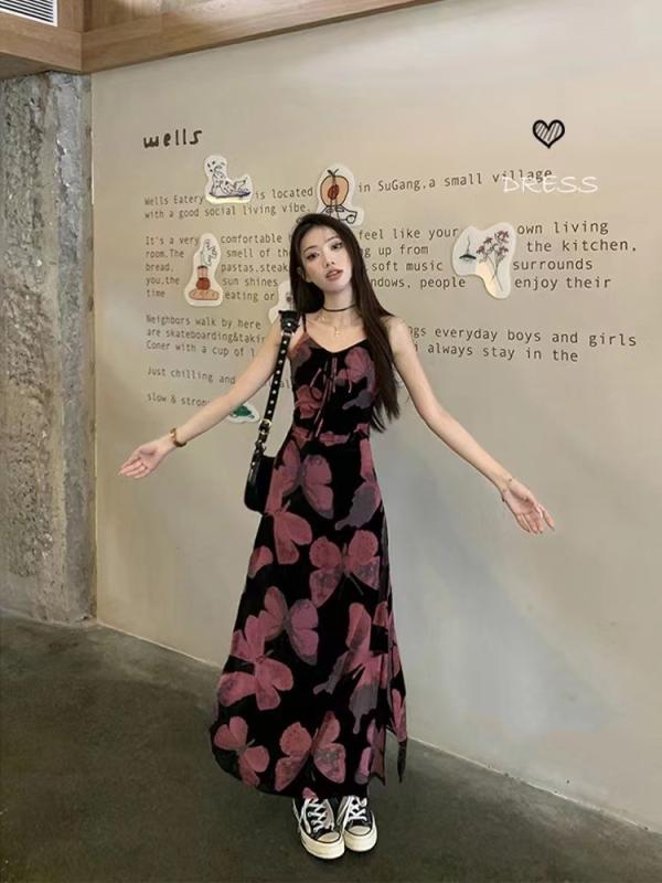 ワンピース 女性用 2024 夏 修身 収腰 気質 包臀 ロングドレス ノースリーブ Vネック ハイウエスト バタフライ柄 ポリエステル フィット スリム ライン 快適 軽量 伸縮性 日韓スタイル カジュアル 普段使い ミッドレングス ミドル丈 スカート
