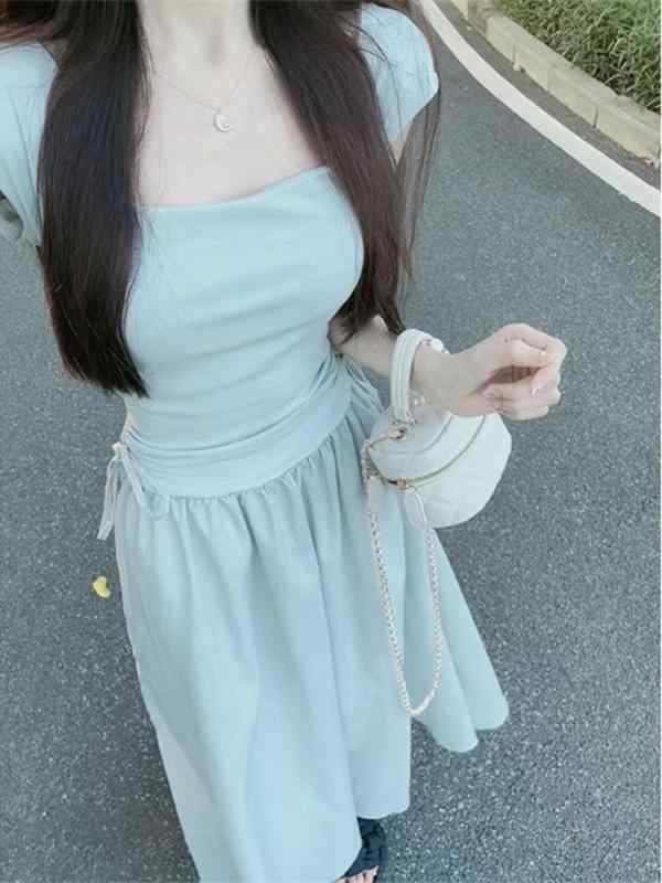 ワンピース 女性用 春夏 ライトブルー ホワイト 方領 吊り下げ 切り替え デザイン 中丈 七分袖 プリンセス袖 収腰 スリム ミッド スカート 復古風 中国風 TR素材 PVC混紡 ライトウェイト 伸縮性 日常着 通勤用 アウトドア 4,274円