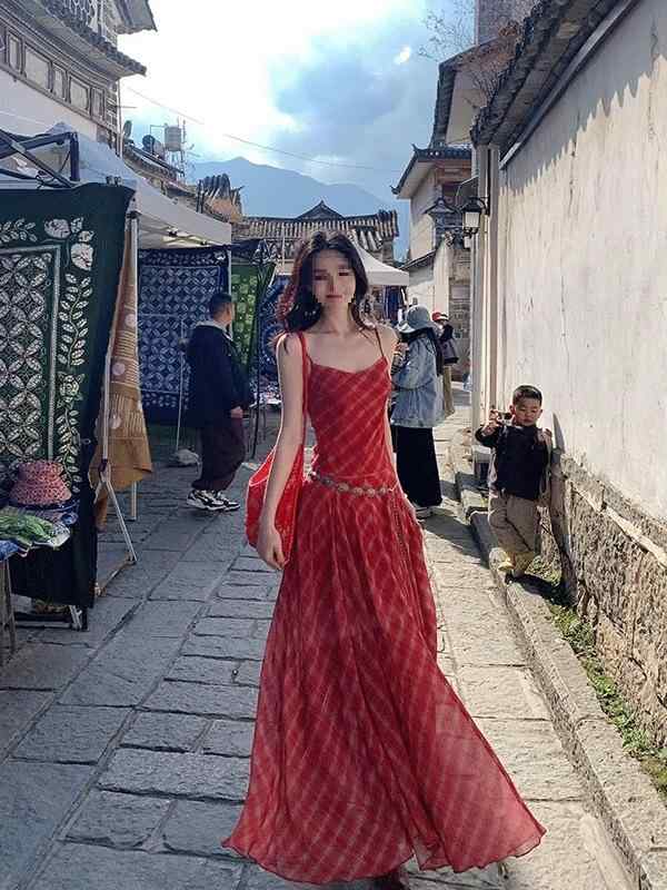 ワンピース 女性用 夏 吊り帯 ロング Aライン 高腰 収腰 スリム 切り替え 赤 チェック柄 格子 ストライプ ポリエステル 接触冷感 軽量 吸湿速乾 セクシー 気質 ビーチ リゾート 休暇 私服 通勤 普段使い 4,856円
