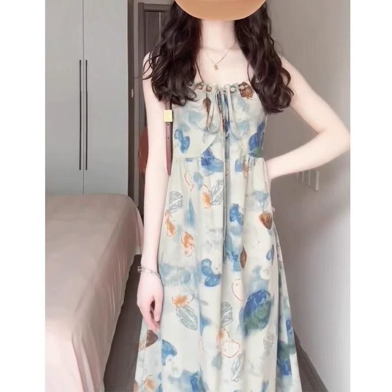 ワンピース 女性用 吊り帯 ミドル丈 吊り帯スカート Uネック ノースリーブ 高腰 切り替え デザイン 夏 春夏 接触冷感 軽量 吸湿速乾 再生繊維 95%以上 韓系 甘め 清新 日常使い 休日 旅行 写真映え カジュアルスタイル