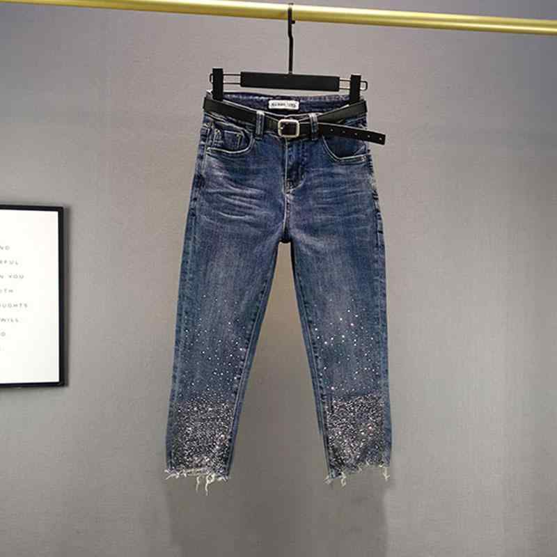 レディース 牛仔パンツ 夏 七分 ハイウエスト 修身 スリム デニム 直筒 鉛筆パンツ 通勤 普段使い 気質 中厚 微弾性 ポケット 切り替え 脚開き 軽量 伸縮性 吸湿速乾 ブルー系