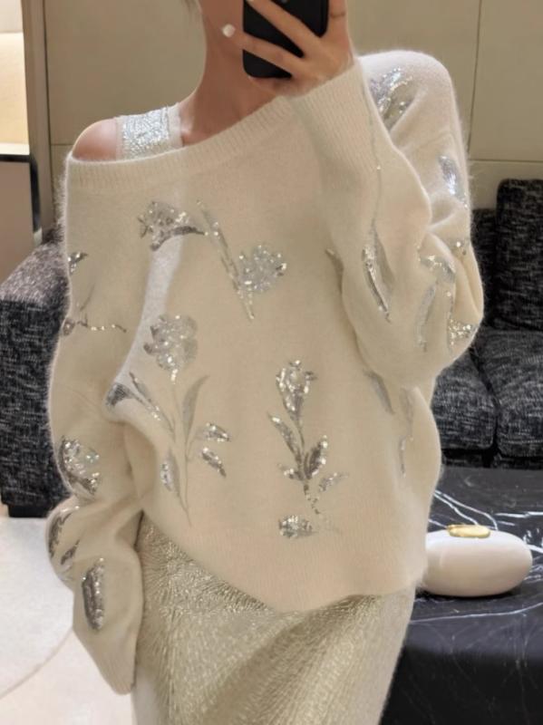 ニット トップス 女性 春夏 秋冬 ゆったり風 花柄 輝き刺繍 柔らか ワイドシルエット 長袖 プルオーバー セーター 厚手 ポリエステル 柔軟 快適 リラックス カジュアル 韓国風 日常使い レイヤード