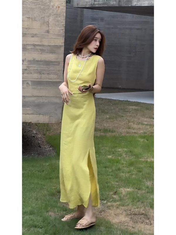 ワンピース 女性用 春夏 フレンチスタイル 気品 丸首 ノースリーブ 高腰 Aライン ミディアム丈 切り替え レース スリット スカート ?? ポリエステル 軽量 吸湿速乾 無印 開襟 休閑風 日韓風 通勤 普段使い かわいい スリム ビッグシルエット