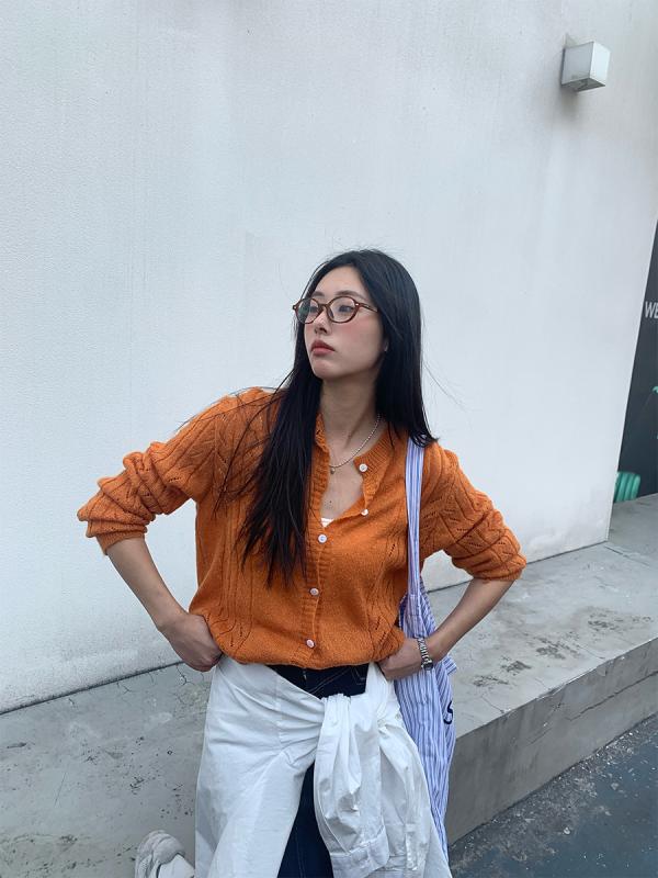 カーディガン 女性用 長袖 ニット 開襟 ルーズフィット 丸首 レースアップ 春夏 軽量 伸縮性 ?? ナイロン 混紡 杏色 ライトグリーン オレンジ グレー 韓国風 カジュアル トップス 普段使い