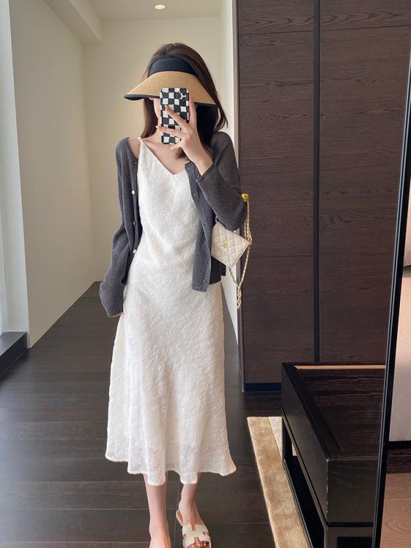 ワンピース 女性用 春夏 吊り下げ ミドル丈 Aライン Vネック ノースリーブ ハイウエスト 切り替え フラッフ ドット柄 ポリエステル 接触冷感 通勤 通年 かわいい 軽量 吸湿速乾 気品 高級感 ブラック ホワイト スリムシルエット フレア イージー