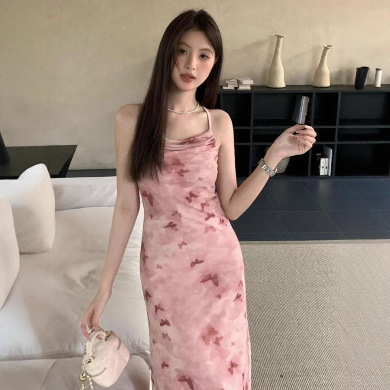 ワンピース レディース 春夏 ピンク 吊り帯 フレア フリル 蝶々柄 フラワー柄 レース 網? セクシー ハイウエスト 中長丈 無袖 セットイン 3D立体柄 接触冷感 ポリエステル かわいい 軽量 通勤 デート 普段使い