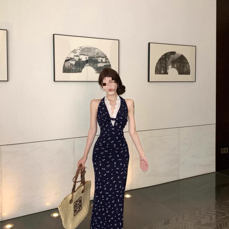 ワンピース 女性用 夏 藏青色 Vネック ノースリーブ ハルターネック レース 切り替え 花柄 プリント Aライン 中長丈 ハイウエスト 包臀 魚尾 スカート ポリエステル 吸湿速乾 軽量 伸縮性 街頭スタイル かわいい フェミニン 普段使い 通勤 通学