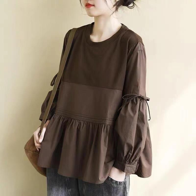 Tシャツ レディース 春夏 トップス 長袖 丸首 ゆったりシルエット 切り替えデザイン ピュアカラー コットン混紡 レイヨン配合 綿素材 快適レジャー 芸術的レトロ ブラック コーヒーブラウン セットアップ風 ドールシャツ風 普段使い 部屋着 通勤対応 4,715円