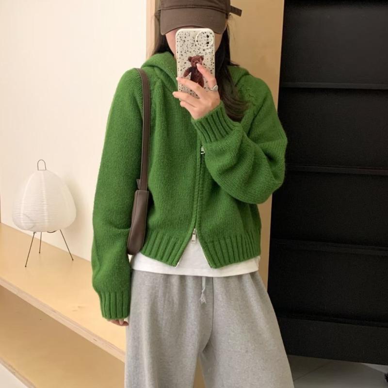カーディガン 女性用 秋冬 韓国風 ゆったり ニット コート コットン混 厚手 フード付き 長袖 ショート丈 純色 ジッパー ラグラン袖 ラフスタイル 快適 米白 グリーン ブルー オレンジ レッド グレー イエロー