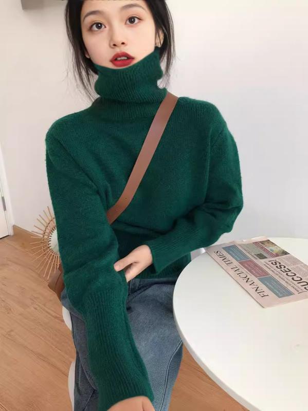 秋冬 ニットセーター レディース ハイネック 長袖 セットインスリーブ ゆったりシルエット ラグドール風 ソフト ニットトップス 接触冷感 加工 免アイロン 処理 純色 米白 緑 黒 橙 紫 キャメル コーヒー 中厚手 快適 日常使い 秋冬 コーディネー