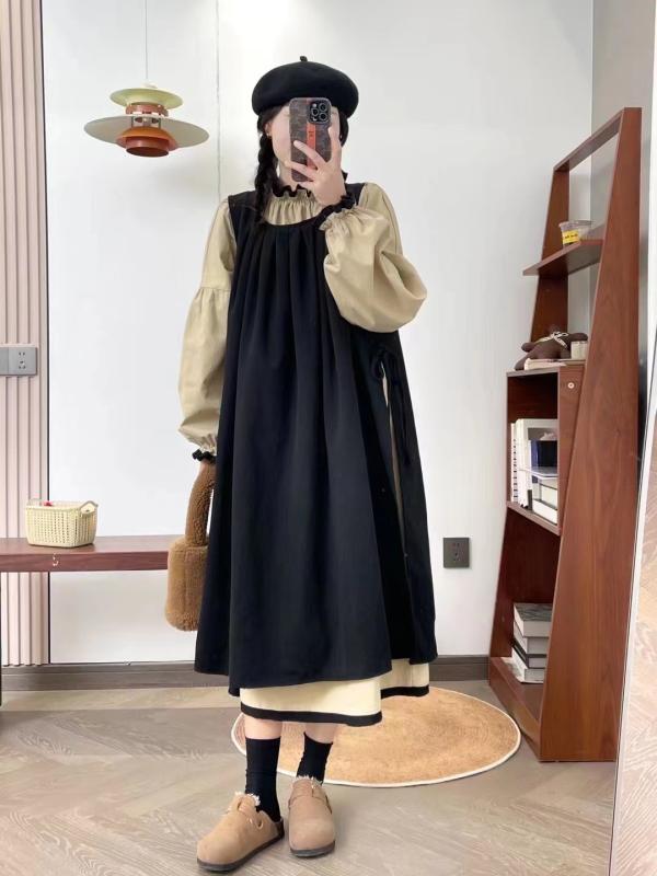 ワンピース 森系 春夏 女性用 長袖 灯?袖 立? Aライン ロングスカート コットン 切り替え 撞色 サイドスリット ウエストベルト ツーピースセット かわいい 軽量 吸湿速乾 清新 ピュアカラー セットアップ