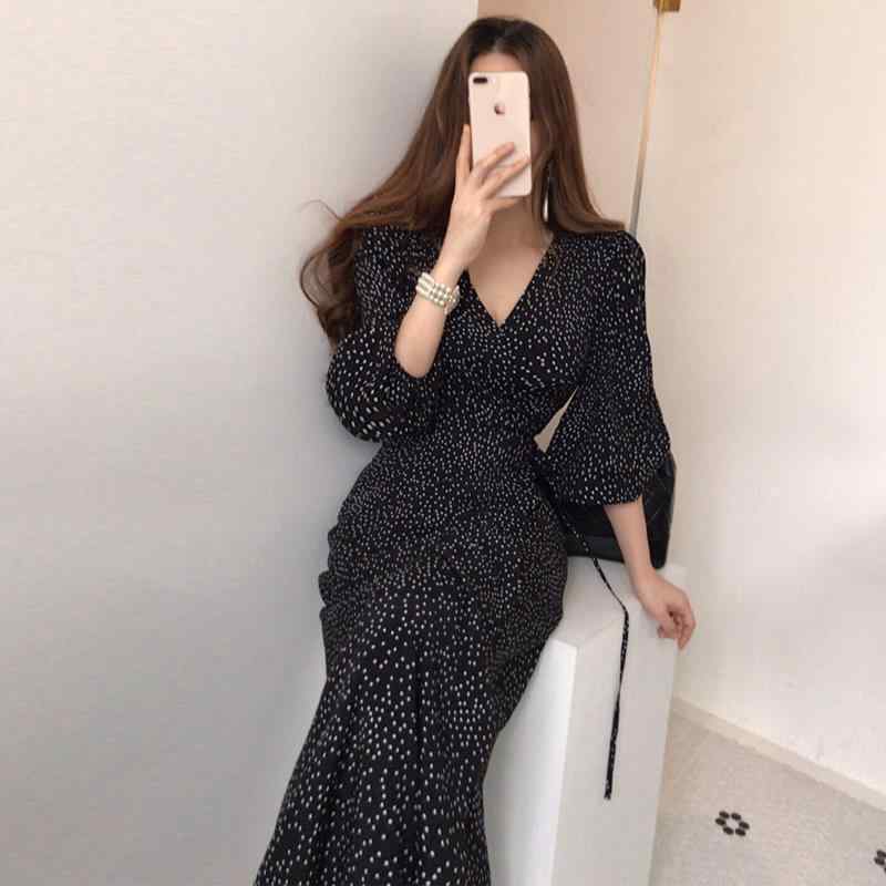 ワンピース 女性用 韓国風 初秋 軽熟 気質 収腰 Vネック 泡泡袖 長丈 開・楷 ポルカドット ワンピース コットン プリント Aライン 高腰 ポケット セットアップ 5分袖 快適 ゆったり フィット ブラック ホワイト ドット柄 日常使い 通勤 カジュ