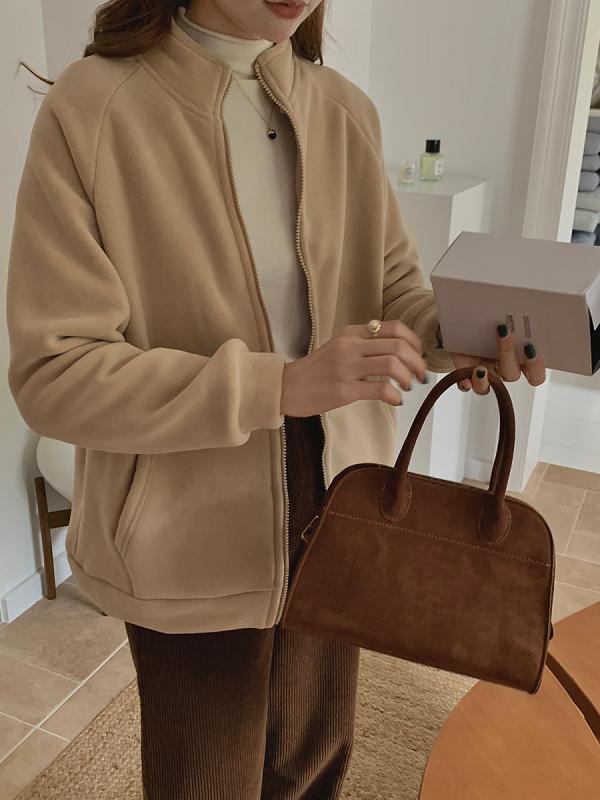 秋冬 レディース 保暖 外套 フリース ジップ 開衫 立領 フーディ 厚手 長袖 中長丈 修身 気質 通勤風 単品 純色 暮灰 麦? 松緑 露米 ?? 聚?繊維 ・届? 伸縮性 柔らかい 軽量 暖か 切り替え デザイン 普段使い
