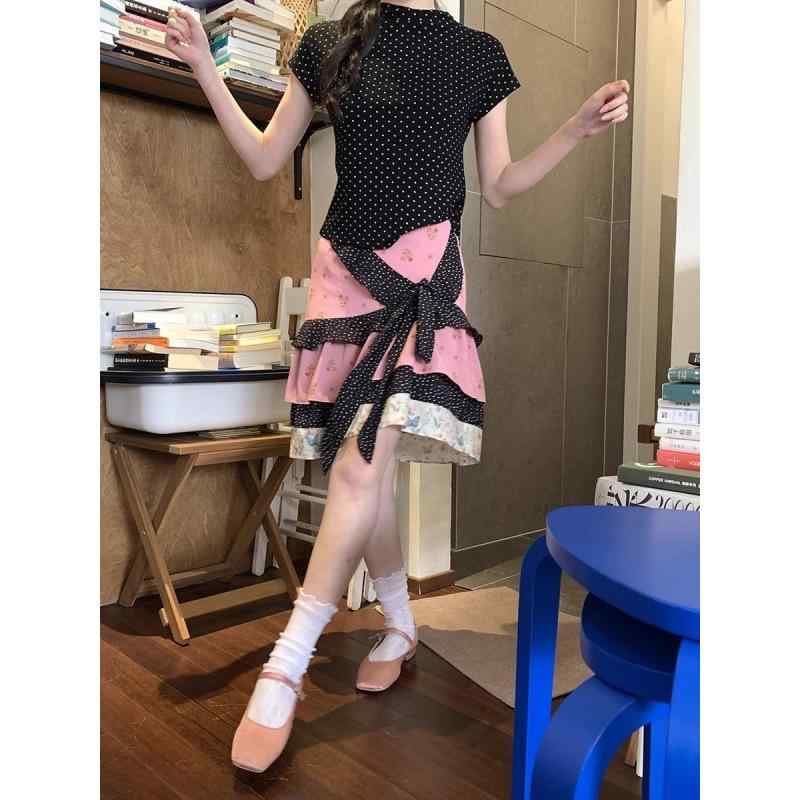 レディース トップス スカート セット 韓系 森ガール 切り替え フラワー ドット 蝶結び かわいい デザイン ロングスカート セットアップ 超長袖 フレアスリーブ 気質 通勤 都市スタイル ?? ポリエステル 軽量 夏 2025 シーズン