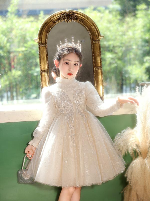 女児用 かわいい 花童 礼服 プリンセスドレス 鋼琴 演出服 秋冬 女の子 子供服 チュール レース 花辺 ポリエステル コットン ライニング 暖か 加氾 ホワイト シャンパンカラー 110cm 120cm 130cm 140cm 150cm 160cm
