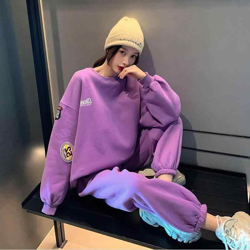 レディース 春秋冬 気質 通勤 韓国風 セットアップ ゆるふわ トップス 長袖 ロングパンツ 2点セット 薄手 紫色 ライトグレー 加厚 紫色 ライトグレー ポリエステル 吸湿速乾 印花 字母柄 数字柄 文字柄 長袖 フルレングス 気質 スタイル 韓国