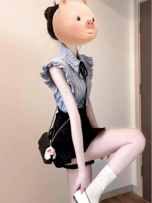 レディース セットアップ 条紋 ブラウス ショートパンツ 春夏 セット かわいい 軽量 ポリエステル 素材 接触冷感 吸湿速乾 免?加工 フレンチスタイル 甘め 清新 女性用 ファッション トップス ボトムス 組み合わせ 普段使い 伸縮性 ビッグシルエッ