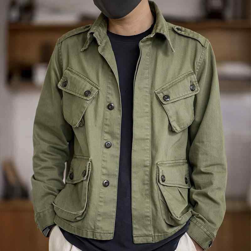 メンズ ジャケット 秋 ワイドシルエット フラップカラー シングルブレスト 長袖 グリーン コットン混紡 耐摩耗 多ポケット ストレートヘム ルーズフィット ストリートスタイル カジュアル アウトドア 普段使い 厚手 水洗加工 ビンテージ風 ユニセックス