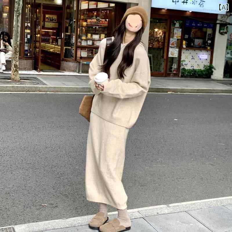 レディース 秋冬 ニット セットアップ スカート セット 気質 通勤 スタイル 都市 カジュアル 長袖 ゆったり シルエット ソフト 素材 長丈 スカート ワイド トップス ミックス カラー ベージュ ブラウン 系統 ポリエステル 繊維 吸湿 速乾 機能