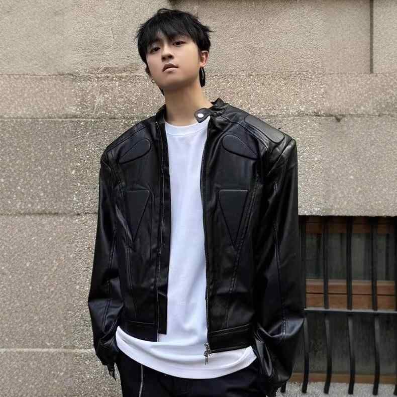 メンズ 春夏 秋冬 ジャケット コート 立領 ラザー 開閉 ノーカラー ノーハット 厚手 ワイド ルーズ フィット 化繊 混紡 ポリエステル ブレンド 変形しにくい 日常 ユース カジュアル ストリート スタイル 青少年 向け ブラック ホワイト