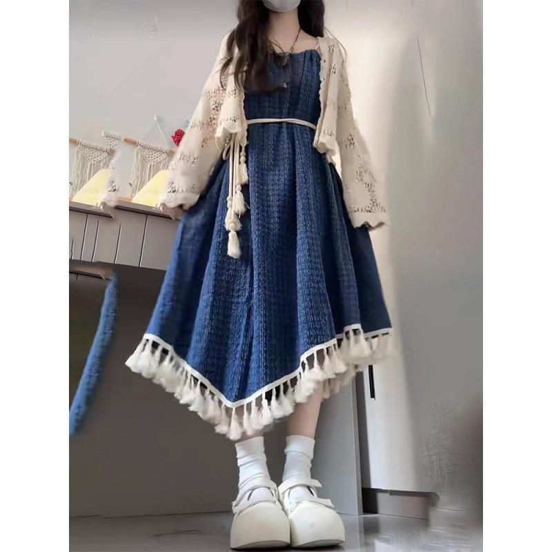 レディース 吊り紐 ロングスカート セット 牛仔デニム 切り替えデザイン フリンジ 装飾 学生服 スタイル 防晒 オープンカーディガン レースアップ 長袖 涼しい 素材 ポリエステル 混紡 都市 通勤 気質 ファッション 軽量 伸縮性 夏 コーディネート
